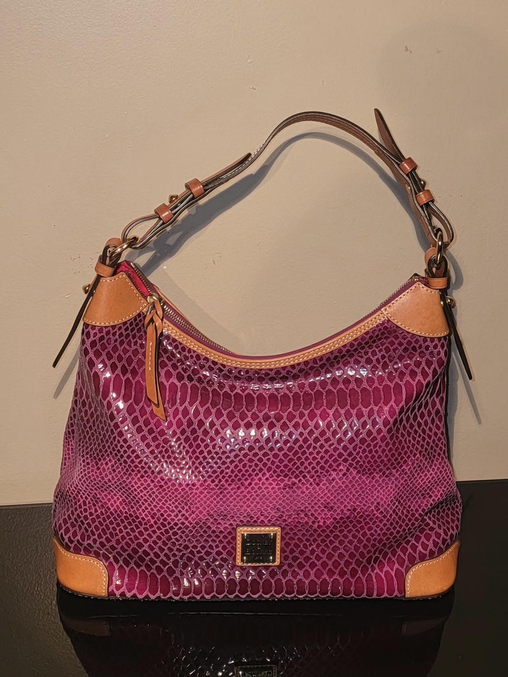 Dooney & Bourke Snake-Embossed Shoulder Bag Hobo with Leather Tan Trim
